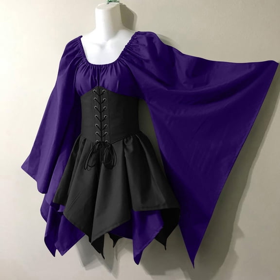 LEBONYARD Plus Size Dresses for Curvy Women,Women Gothic Dress,Women Costumes Gothic Sleeve Corset Dresses Round-Neck Knee-High Dress Purple L