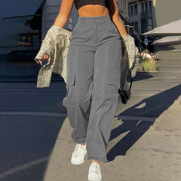LEBONYARD Plus Size Pants for Women,Women's Fashion Casual Multi Pocket Workwear Straight Leg Pants High Waisted Loose Workwear Pants Gray S