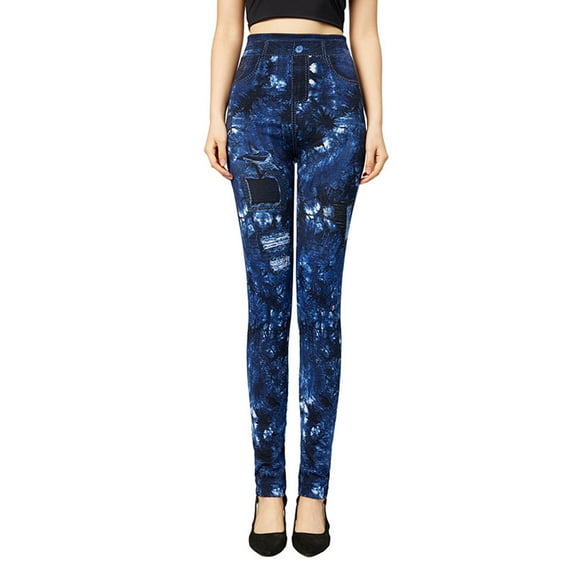 LEBONYARD Plus Size Pants for Women,Women's Fashion Elastic Imitation Denim Print Leggings with Yoga Sport Elastic Pants Blue L