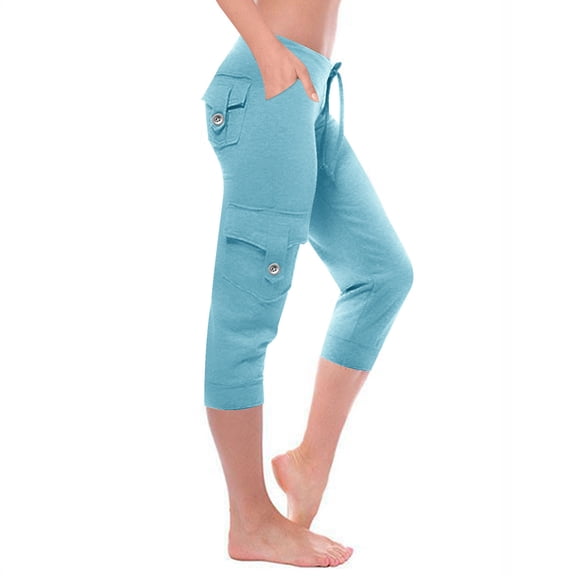 LEBONYARD Plus Size Pull-on Capris Jeggings,Capris for Women Leggings 2024 clearance,Women Workout Out Leggings Stretch Waist Button 6 Pockets Yoga Gym Cropped Trousers Sky Blue XL