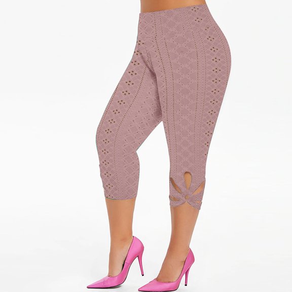 LEBONYARD Plus Size Pull-on Capris Jeggings,Women's Plus Size Flare Leggings clearance,Fashion Women Plus Size Solid Hollow Elastic Waist Casual Leggings Capris Pants Watermelon Red S