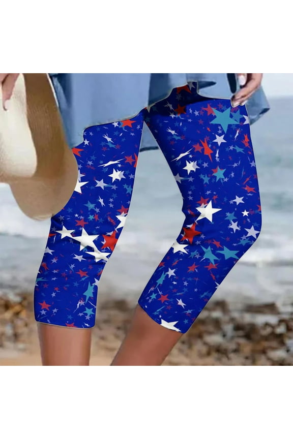 Plus Size Pull-on Capris Jeggings,Womens Athletic Cropped Pants Floral Printing Casual Elastic Waist Beach Pants Blue XXL