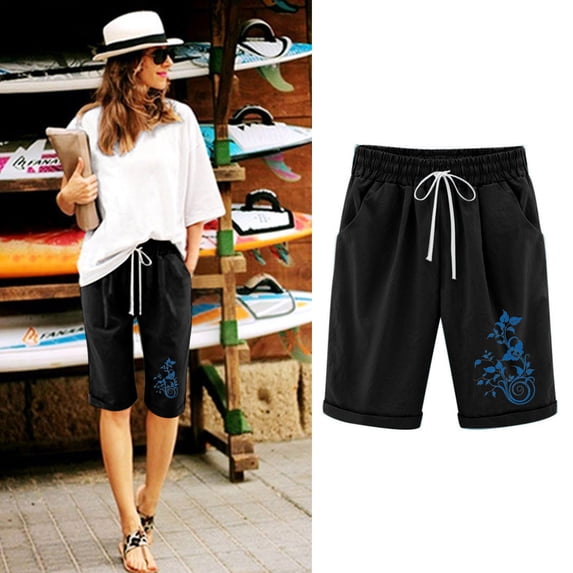 LEBONYARD Plus Size Shorts Clearance $5,Versatile Women's Shorts for Various Occasions,Women's Elastic Waist Printing Drawstring Shorts Black M