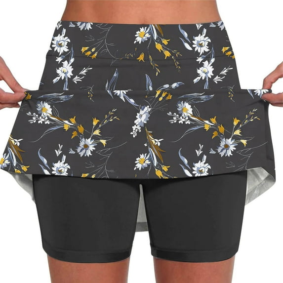 LEBONYARD Plus Size Shorts for Women Clearance,Women's High-Waist Yoga Skirt with Shorts,Women's Summer Flower Print Pleated Tennis Skirts Stretchy Yoga Fake Two Piece Shorts Skirt Black S