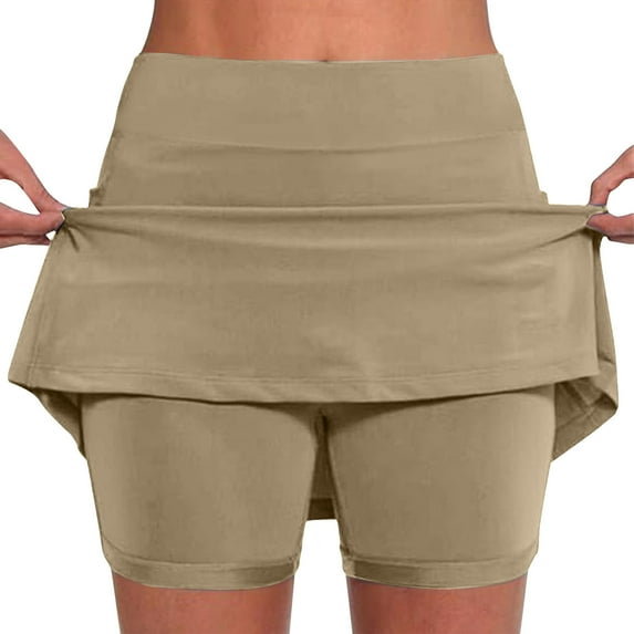 LEBONYARD Plus Size Shorts for Women,Women's Stylish Layered Yoga Skirt Shorts,Women's New Color Mid-waist Skirt Pants Sports Casual Shorts Bottoming Skirt Pants Khaki S
