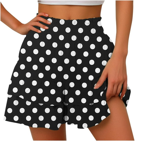 LEBONYARD Plus Size Shorts with Pockets,Women's Summer Solid Color High Waisted Shorts with Floral Pleated Hem Casual Shorts Black L