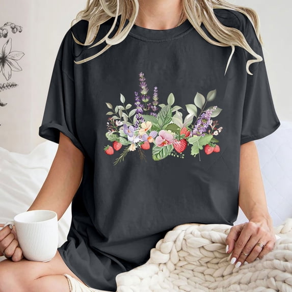 LEBONYARD Plus Size Summer Tops,Short Sleeve Shirts for Women up to 50% off,Women's Fashion Summer Round Neck Drop Sleeves Leisure Short Sleeve Flower Printing Tops Dark Gray XL