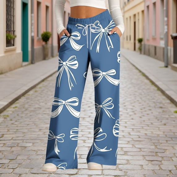 LEBONYARD Plus Size Women Pants Clearance,Women's Fashionable Striped Printed Drawstring Wide Leg Loose Casual Pocket Pants Navy XXL