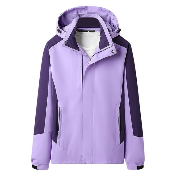 LEBONYARD Plus Size Women Raincoats with Hood,Womens Coats Outerwear Winter 2024 Clearance,Women's Sports Outdoor Hardshell Jacket Windproof Warm Removable Cap Mountaineering Thin Jacket Purple XL