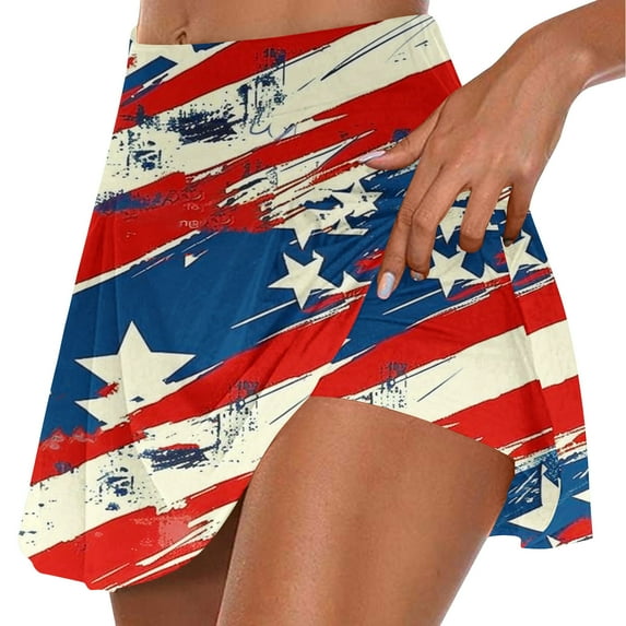 LEBONYARD Plus Size Womens Clothes,Women's Stylish Yoga Skirt with Shorts,Women's Summer Independence Day Pleated Tennis Skirts Stretchy Short Yoga Fake Two Piece Trouser Skirt Shorts Red XL