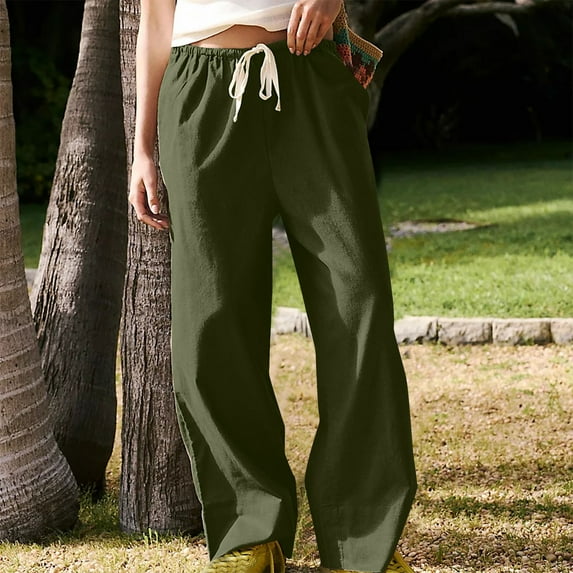 LEBONYARD Plus Size Womens Pants Clearance,Women's Solid and Linen Drawstring Loose Casual Wide Leg Pants Army Green M