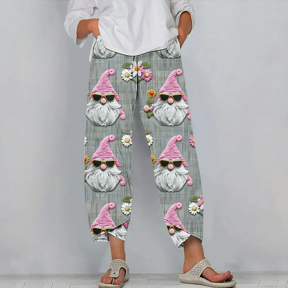 LEBONYARD Plus Size Womens Pants with Pockets,Women's Christmas Fashion Holiday Print Comfortable Casual Slim Pocket High Bounce Waist Wide Leg Pants Gray M