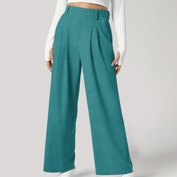 LEBONYARD Plus Size Womens Pants with Pockets,Women' High Waist Wide Leg Casual Pleated Side Pocket Casual Pants Blue S