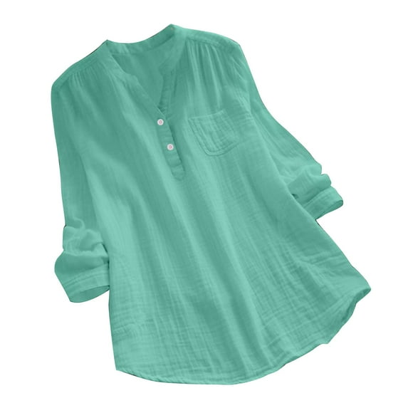 LEBONYARD Plus Size Womens Shirts,Women's Summer Solid Color Loose Slim V-neck Long-Sleeved Cotton and Linen Long-sleeved V-neck Top/shirt Green M