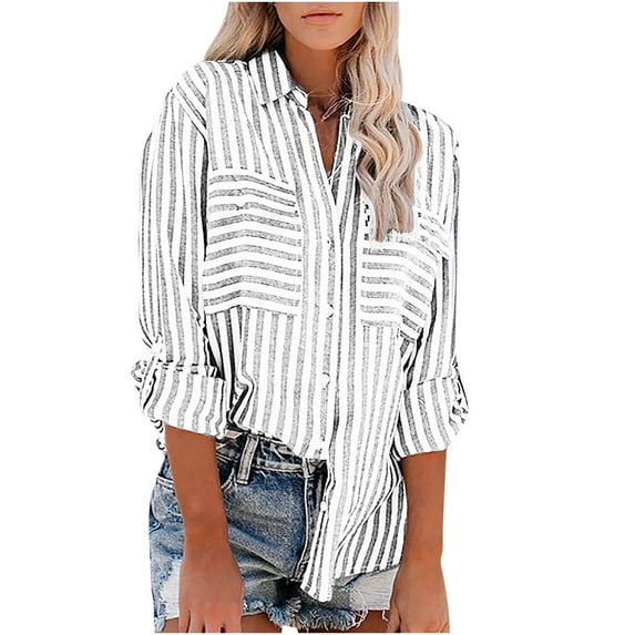 LEBONYARD Plus Size Womens Tops,3/4 Sleeve Shirts for Women Summer Saving,Women's Tops Striped Printed Single Breasted Long Sleeve Shirt Cotton Linen Tops Gray S