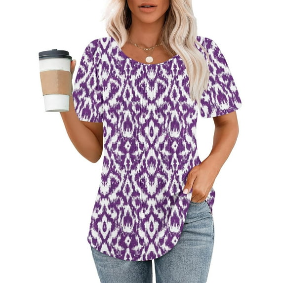 LEBONYARD Plus Size Womens Tops,Fashionable Women's Casual Short Sleeved Loose Round Neck Printed Top Purple XL