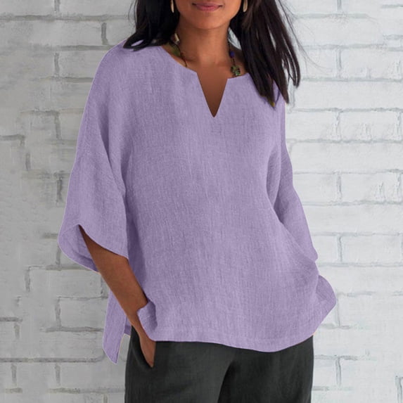 LEBONYARD Plus Size Womens Tops Solid Color Sweatshirts Short Sleeve T Shirt 2024 clearance,Women's Fashion Summer V Neck Leisure Three-quarter Sleeve Solid Tops Purple XL