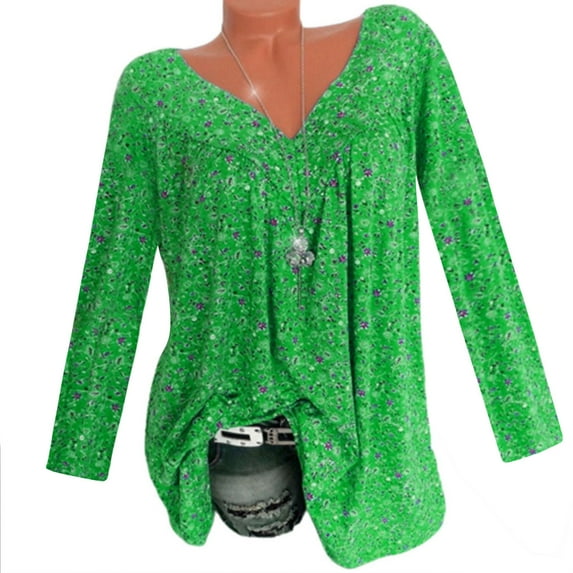 LEBONYARD Plus Size Womens Tops,Women Plus Size Long Sleeved V-Neck Print Blouse Pullover Tops Shirt Green XXL