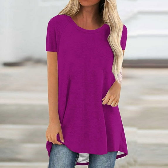 LEBONYARD Plus Size Womens Tops,Women's Fashion Summer Round Neck Leisure Short Sleeve Solid Tops Purple XL