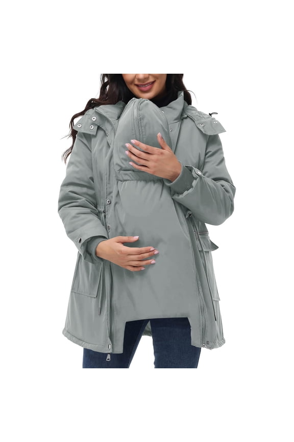 Pregnant Women's Multi Functional Zipper Solid Colored Long Sleeve Long Length Warm Loose Fitting Pockets Hooded Winter Outerwear Coat