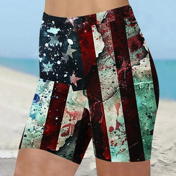 LEBONYARD Pull on Shorts for Women,Women's Shorts in Soft and Lightweight Fabrics,Women's Independence Day High-waisted Summer Print Leggings Beach Shorts Red XXXL