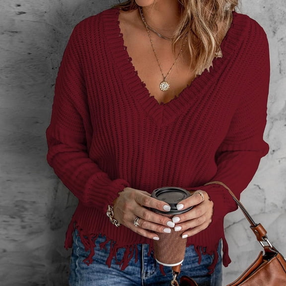 LEBONYARD Pullover Sweaters for Women,Womens Plus Sweaters Clearance under $10 2024,Women's Casual Sexy Fashion Solid Color Sleeve V-Neck Ruched Pullover Blouse Tops Wine M