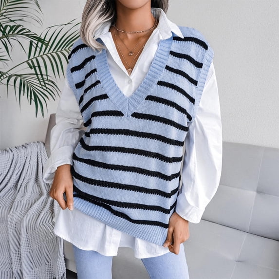 LEBONYARD Pullover Sweaters for Women,Fashion Women Casual V-Neck Hollow Knitted Vest Sweater Vest Blue L