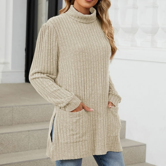 LEBONYARD Pullover Sweaters for Women,Women's Half High Neck Long Sleeve Loose Split Pocket Women's Top Beige#2 M
