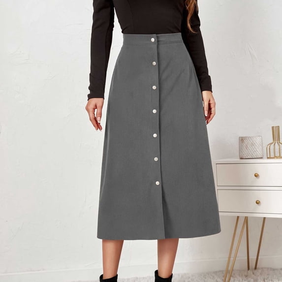 LEBONYARD Ruffled Skirt in Cotton,Fall Fashion Women Casual Comfortable Solid Color High Waisted Button Mid-Calf Skirt Gray S
