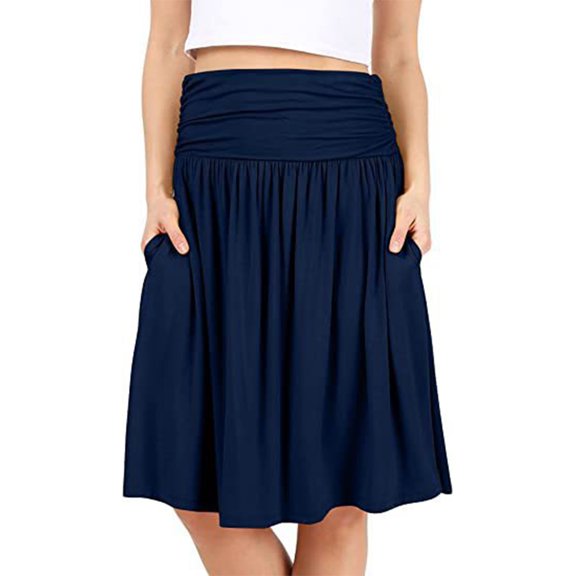 LEBONYARD Ruffled Skirt in Cotton,Women's Summer Solid Color Skirt Dark Blue M