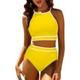 thumbnail image 1 of LEBONYARD Seamless Bikini Set Two Piece Swimwear for Women No Show Lines,Swimsuits for Women Piece Hawaiian Tropical Print Swim Cami Bra and Ruffles Bathing Sets Beachwear Yellow S, 1 of 7