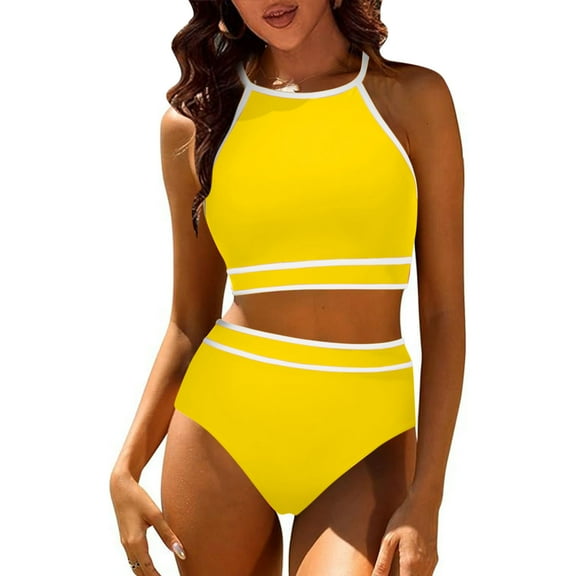 LEBONYARD Seamless Bikini Set Two Piece Swimwear for Women No Show Lines,Swimsuits for Women Piece Hawaiian Tropical Print Swim Cami Bra and Ruffles Bathing Sets Beachwear Yellow S