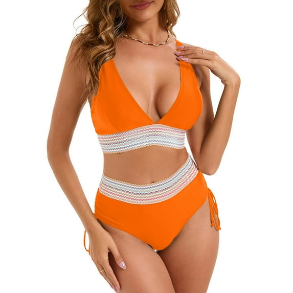 LEBONYARD Sheer Cover Up Two Piece Swimsuits for Women Stylish Beach Outfit,Women's Bikini High Waisted Split Color Suit with Drawstring Gathered Abdominal Swimsuit Orange S