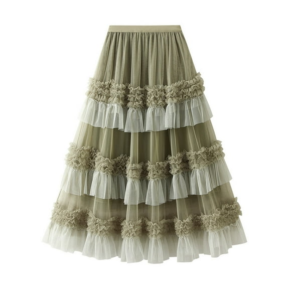 LEBONYARD Sheer Skirt with Pockets,Ladies' Fashionable Classic Casual Solid Color Patchwork Mesh Cake Skirt Green Free Size