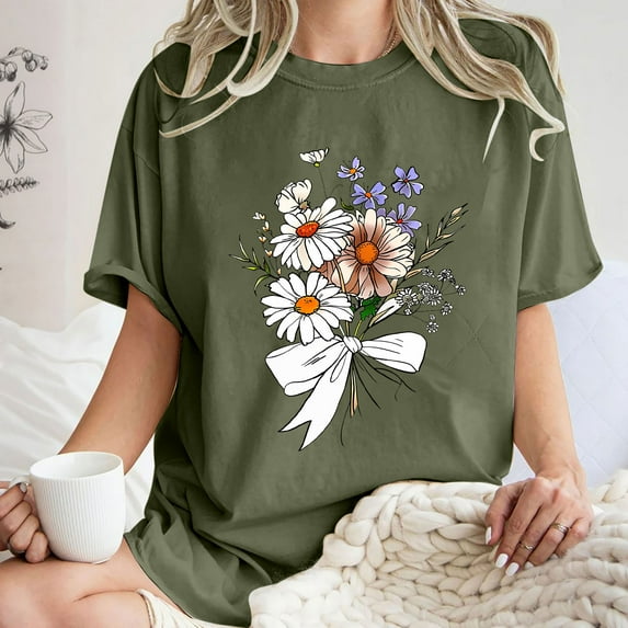 LEBONYARD Short Sleeve Shirts for Women,Women's Fashion Summer Round Neck Drop Sleeves Leisure Short Sleeve Flower Printing Tops Army Green M