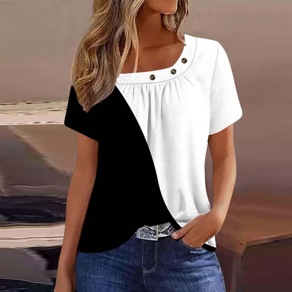 LEBONYARD Short Sleeve Shirts for Women,Women's Short Sleeved Pleated T-shirt Top Black S