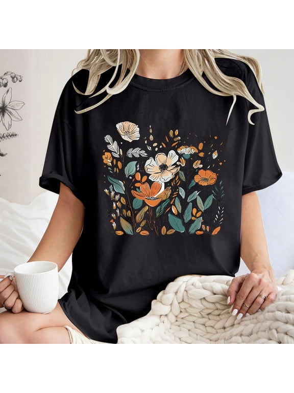 Short Sleeve Womens Tops,Clothes under $5 fashion,Women's Fashion Summer Round Neck Drop Sleeves Leisure Short Sleeve Flower Printing Tops Black XXL