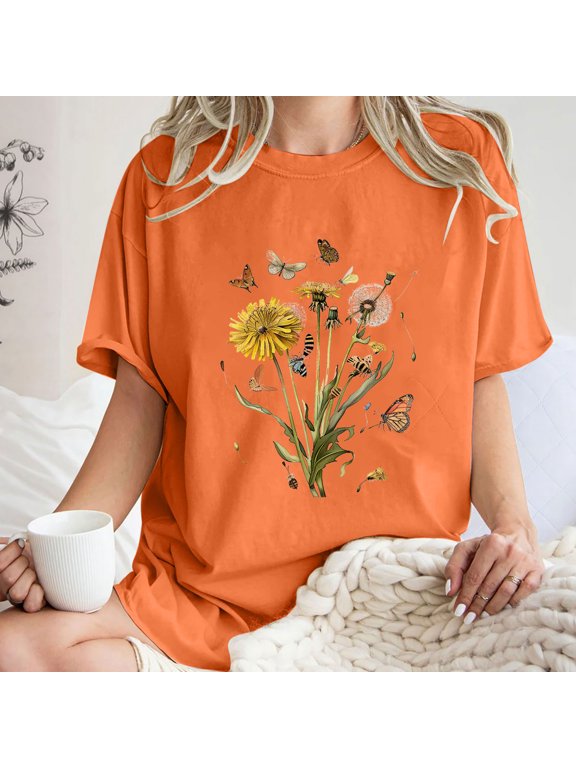 Womens Plus Size $5,Womens Shirts Short Sleeve 50% off clear,Women's Fashion Summer Round Neck Drop Sleeves Leisure Short Sleeve Flower Printing Tops Orange S