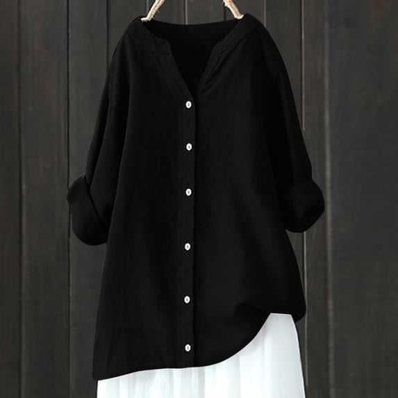 LEBONYARD Short Sleeve Womens Tops,Women's V-Neck Long Sleeve Loose Button Cotton and Linen Tunic Summer Blouse Black XL