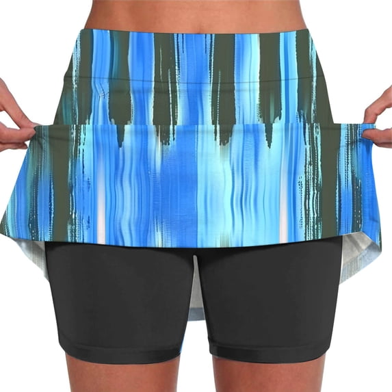 LEBONYARD Shorts Skirt for Women Plus Size,Women's Seam-Free Yoga Skort,Women's Summer Gradient Color Print Pleated Tennis Skirts Stretchy Yoga Fake Two Piece Shorts Skirt Blue S