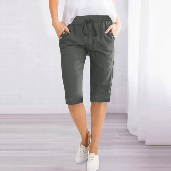 LEBONYARD Shorts for Women with Pockets,Plus Size Womens Pants up to 50% off,Fashion Womens Casual Solid Color Waist Elastic Loose Half Shorts Pants with Pocket Dark Gray M