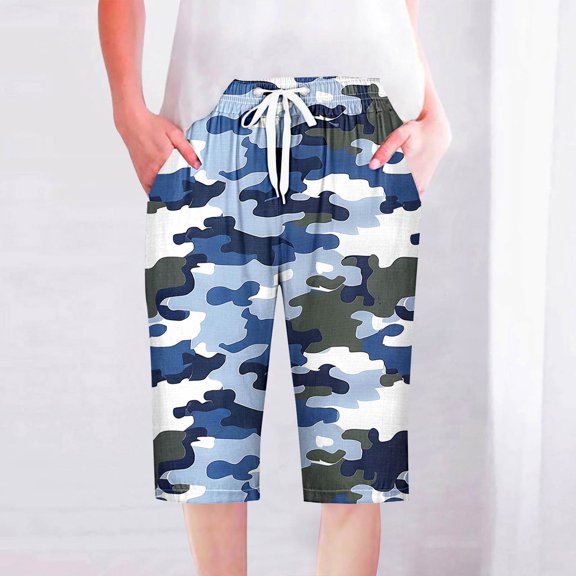 LEBONYARD Shorts for Women,Women's Shorts in Cute Patterns,Women Shorts Casual Pants Straight Leg Drawstring Elastic Waist Loose Comfy Pants with Pockets Camouflage L