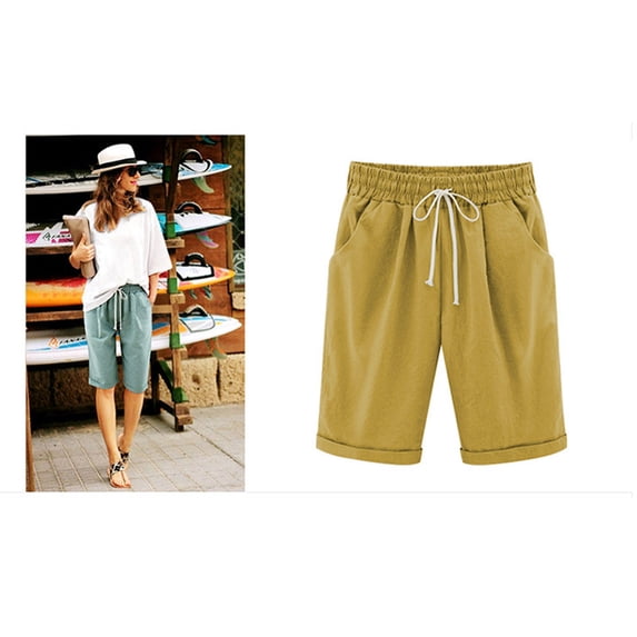 LEBONYARD Shorts for Women Clearance under $10,Women's Summer Solid Five Points Large Size Cotton Linen Pants Casual Pants Yellow XXXXXL