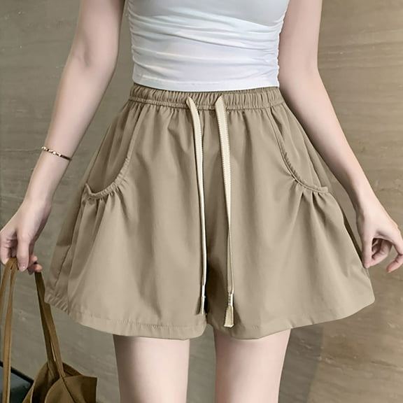 LEBONYARD Shorts for Women,Women's Shorts in Cute Patterns,Womens Large Pocket Elastic High Waisted Loose Wide Leg Workwear Shorts Khaki L