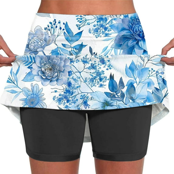 LEBONYARD Skorts Skirts for Women Tennis Skirts,Women's High-Waist Yoga Skirt with Shorts,Women's Summer Flower Print Pleated Tennis Skirts Stretchy Yoga Fake Two Piece Shorts Skirt Blue S