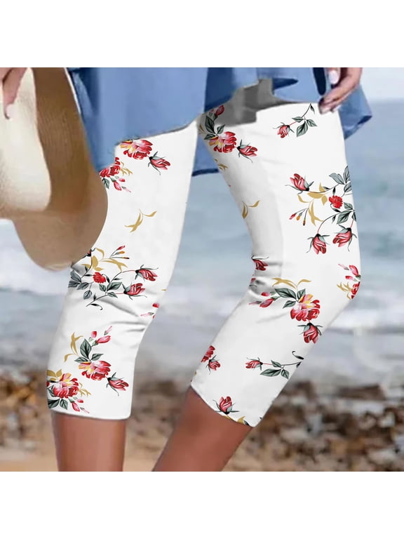 Spandex Capri Leggings Womens Plus Size,Capris for Women Dressy summer saving,Womens Athletic Cropped Pants Floral Printing Casual Elastic Waist Beach Pants Multicolor S