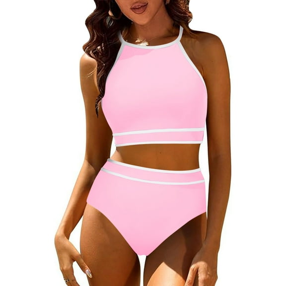 LEBONYARD Sporty Two Piece Bathing Suits for Women RacerBlack Bikini Set,Swimsuits for Women Piece Hawaiian Tropical Print Swim Cami Bra and Ruffles Bathing Sets Beachwear Pink XL