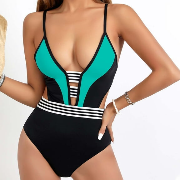 LEBONYARD Striped One-Piece Sleeveless Swimsuit,Women Solid Color Backless Strap Bikini Swimsuit Blue S