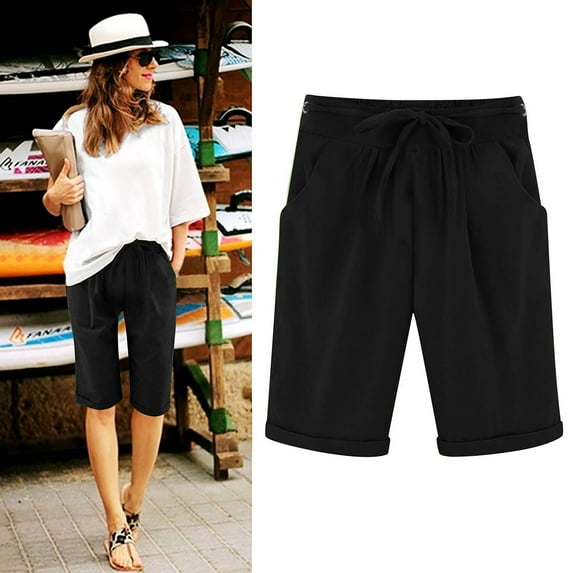 LEBONYARD Summer Clearance Womens Shorts,Women's Shorts with Comfortable Fit,Women's Summer Elastic Waist Drawstring Side Pocket Solid Color Short Pants 5/4 Black XL