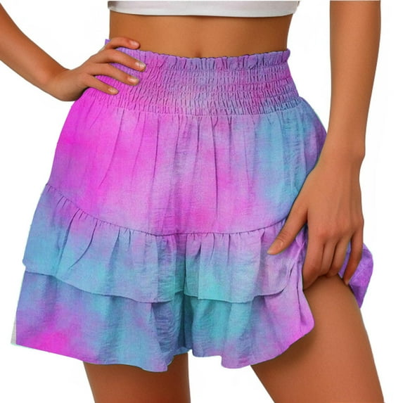 LEBONYARD Summer Clearance Womens Shorts,Women's Shorts with Comfortable Fit,Women's Summer Solid Color High Waisted Shorts with Floral Pleated Hem Casual Shorts Purple S